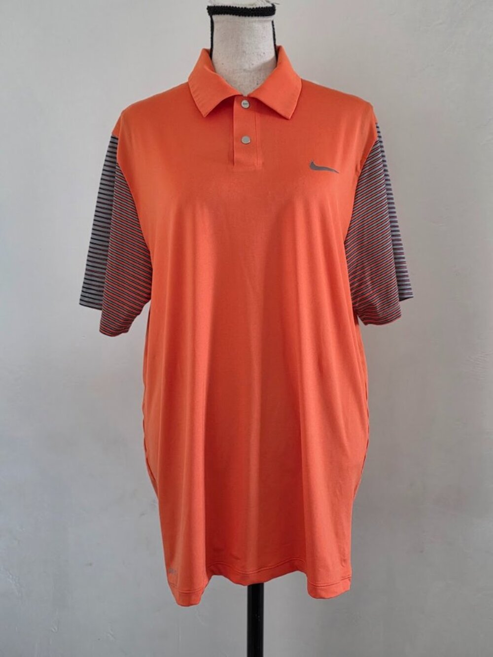 Nike Tiger Woods Collection Dri-FIT Golf Polo Orange Grey Striped Sleeve Men Sma